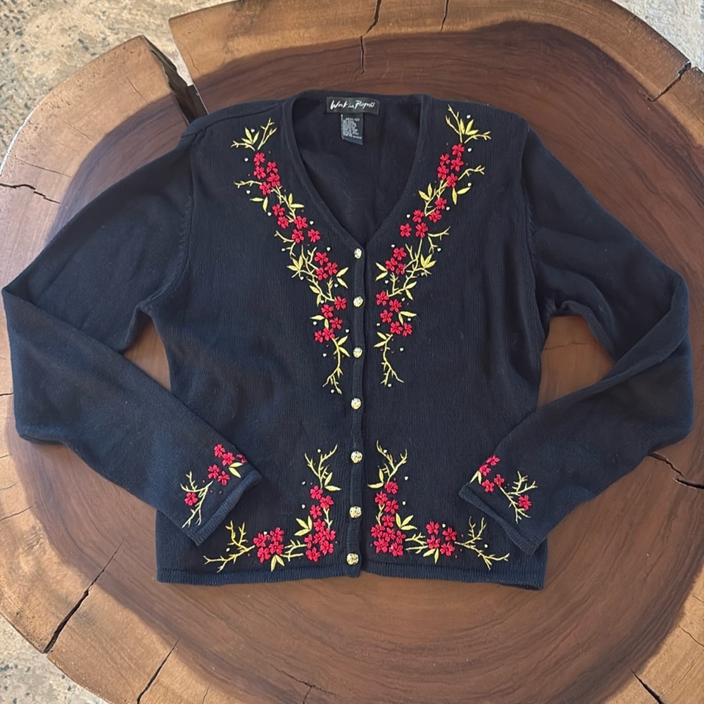 Vintage Work in Progress Black Floral Embroidered Cardigan/ Size Medium Sweater